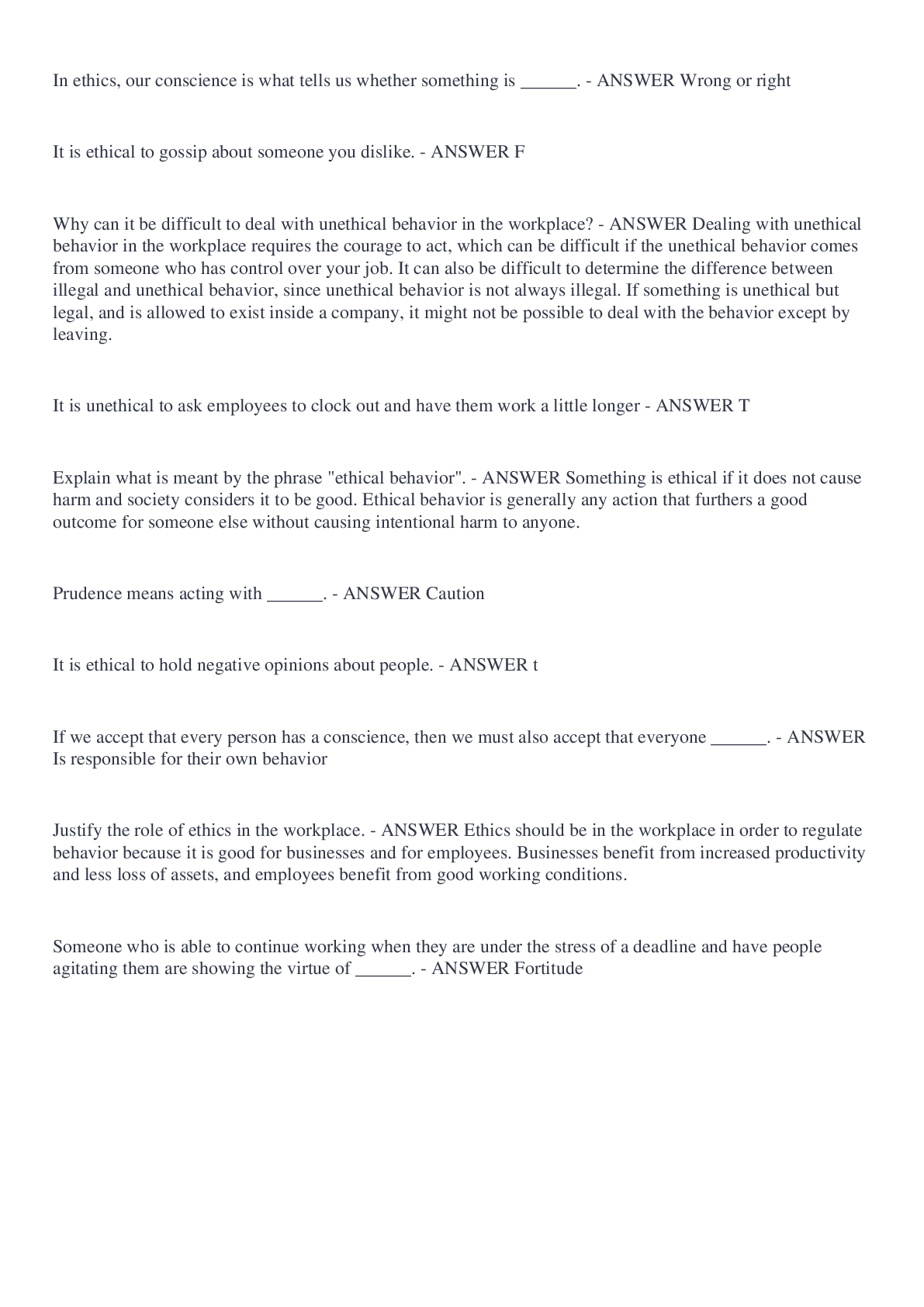 Preview image of Ethical Behavior Exam with Correct Answers document